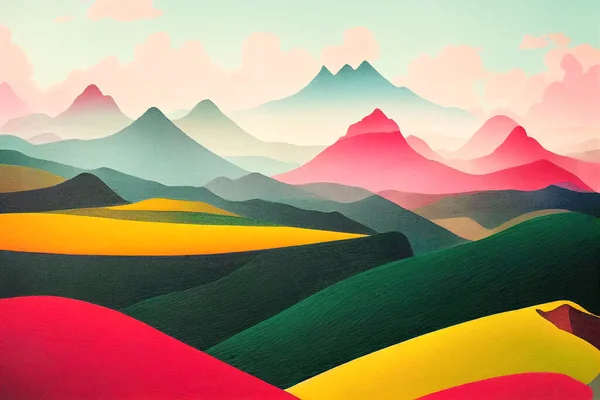 Beautiful blue and pink mountains colorful landscape background. Digital illustration colorful landscape views art painting pink mountain fantastic color image.