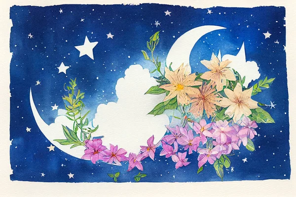 Beautiful Space Flowers Starry Sky Watercolor Illustration Beautiful Bouquet Colorful — Stock Photo, Image