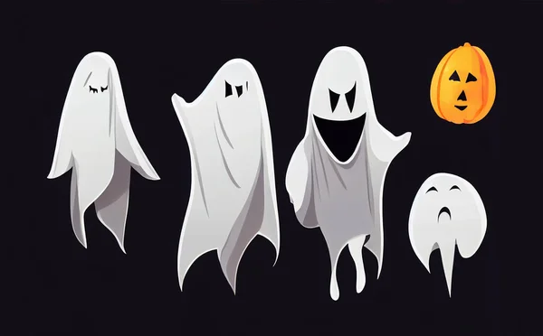 Zestaw Halloween Postaciami Duchów Izolowanych Czarnym Tle Tak Wysokiej Jakości — Zdjęcie stockowe