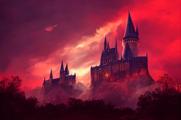 Spooky castle on a hill. Red sky with clouds. halloween castle. High quality illustration