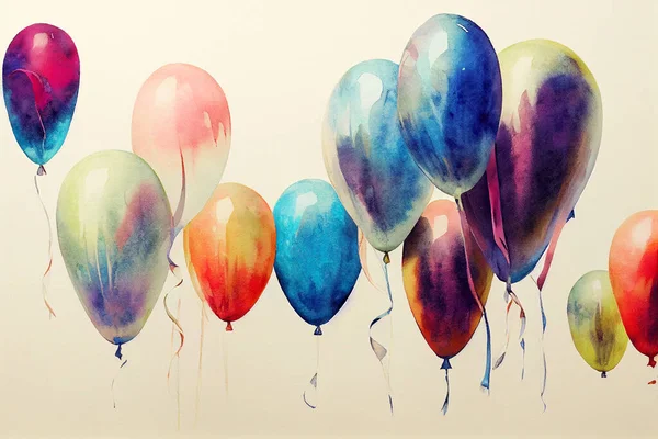 Balloons different colors painted in watercolor colorful. On paper. High quality illustration