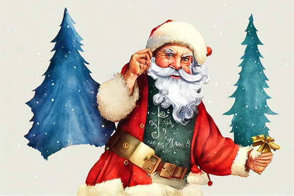Digitální Ilustrace Santa Claus Bílém Pozadí Vánoční Stromky Dárky Akvarel — Stock fotografie