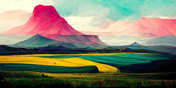 Beautiful blue and pink mountains colorful landscape background. Digital illustration colorful landscape views art painting pink mountain fantastic color image.