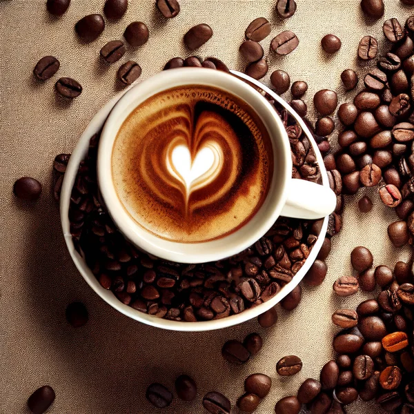 Delicious and aromatic coffee with foam and coffee beans on a brown background.
