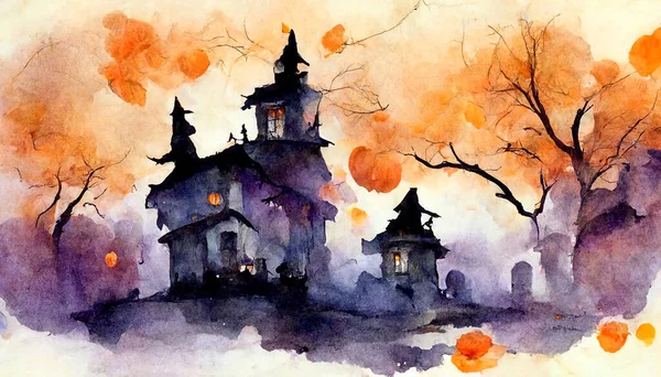 Aquarel Illustratie Met Griezelig Huis Met Bomen Van Halloween Viering — Stockfoto