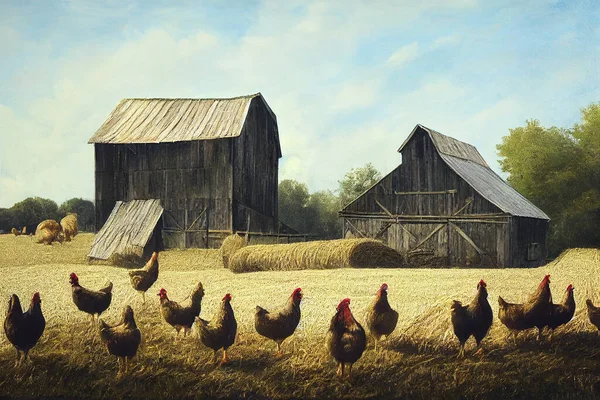 A flock of chickens roam freely in the lush paddock near shed. High quality illustration