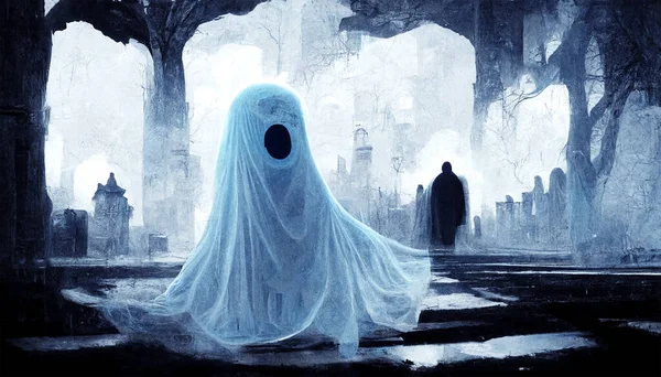 Fantasma Aterrador Una Sábana Blanca Fondo Cementerio Embrujado Ilustración Alta — Foto de Stock