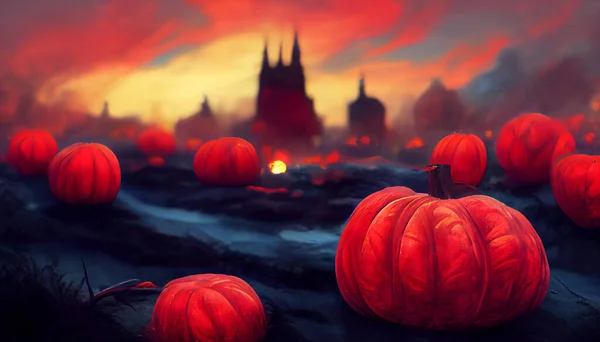 Calabazas Brillantes Fondo Lugar Espeluznante Con Castillo Estilo Fantasía Ilustración —  Fotos de Stock