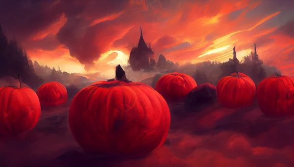 Calabazas Brillantes Fondo Lugar Espeluznante Con Castillo Estilo Fantasía Ilustración — Foto de Stock