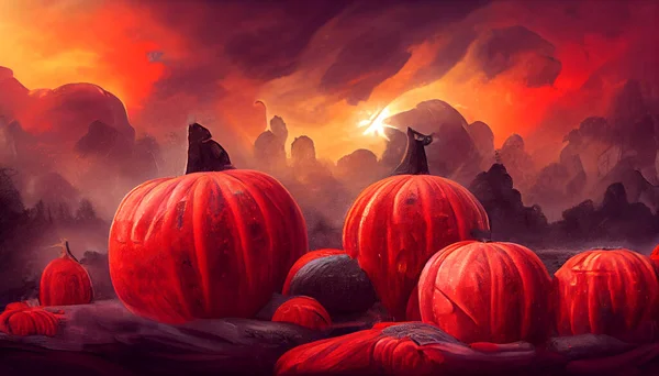 Gruselige Halloween Karte Glühende Kürbisse Auf Dem Hintergrund Einer Roten — Stockfoto