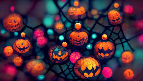 Halloween Tło Neonów Dynie Wiszące Przerażające Jasne Pajęczyny Wysokiej Jakości — Zdjęcie stockowe