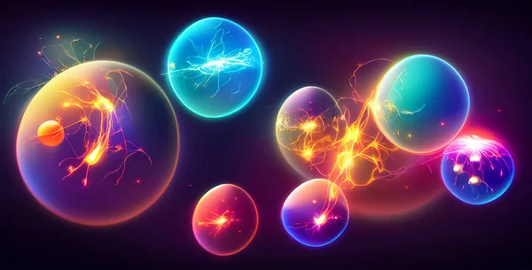 Magic energy spheres with mystic glow, lightning, sparks light effect, liquid plasma and fire.