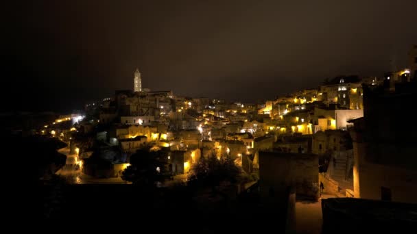 Καταπληκτική Πόλη Της Matera Στην Ιταλία Νύχτα Ταξιδιωτική Φωτογραφία — Αρχείο Βίντεο