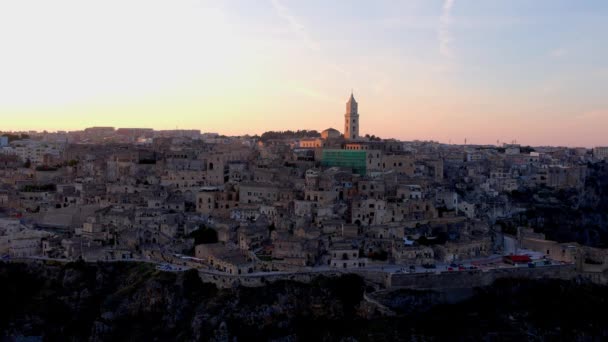 Panoramatický Výhled Město Matera Itálie Při Západu Slunce Cestovní Fotografie — Stock video