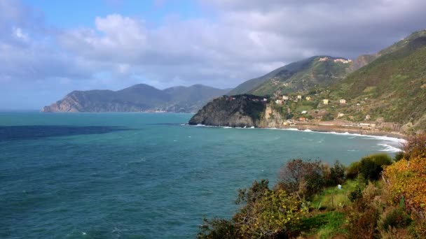 Mooie Kust Van Cinque Terre Italië Een Zonnige Dag Reizen — Stockvideo