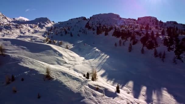 Красивый Зимний Пейзаж Доломитовых Альпах Италия Южном Тироле Съемка Воздуха — стоковое видео