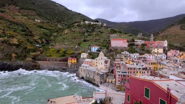 Village Vernazza Cinque Terre Італійському Західному Узбережжі Фотографії — стокове відео