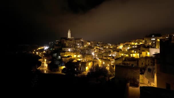 美丽的城市Matera Night 一个联合国世界遗产和欧洲文化之都 旅游摄影 — 图库视频影像