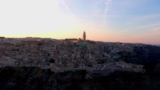 Vista Panorâmica Sobre Cidade Matera Itália Pôr Sol Viajar Fotografias — Vídeo de Stock