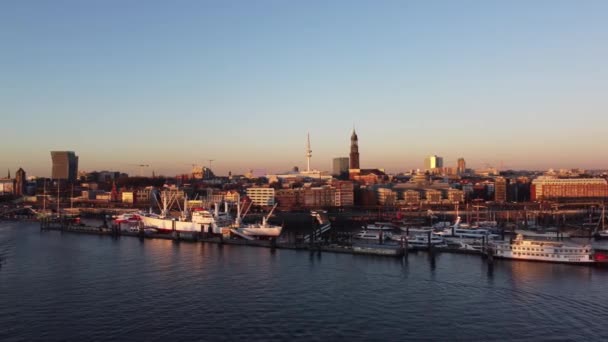 Hamburg Limanı Üzerinde Gün Batımı Hava Manzarası Hamburg Şehri Almani — Stok video