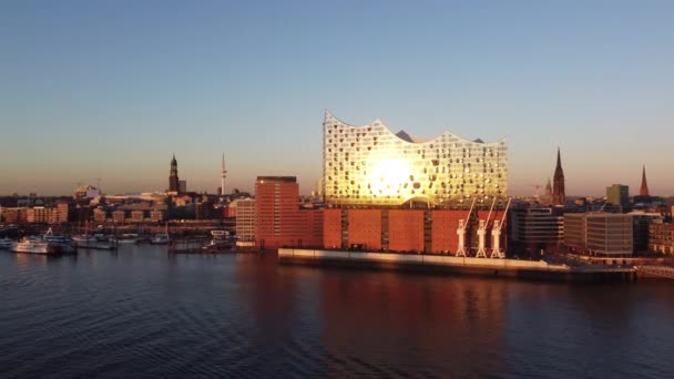 Elbphilharmonia Sala Koncertowa Hamburgu Piękny Widok Lotu Ptaka Zachodzie Słońca — Wideo stockowe