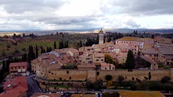 Valle Orcia Toscana Con Hermoso Pueblo San Quirico Vista Aérea — Vídeos de Stock