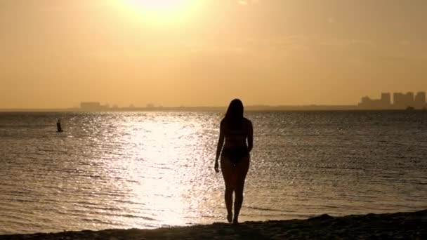 Silhouette egy nő ellen az arany óceán víz naplementekor — Stock videók