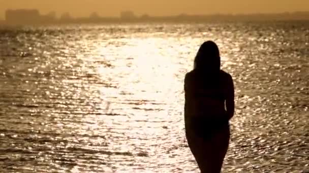 Silueta de una mujer contra el agua dorada del océano al atardecer — Vídeos de Stock