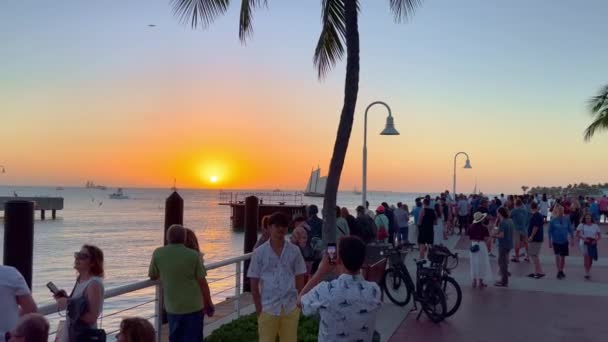 El famoso muelle del atardecer en Key West es un lugar concurrido todas las noches - CLAVE OESTE, ESTADOS UNIDOS - 20 DE FEBRERO DE 2022 — Vídeo de stock