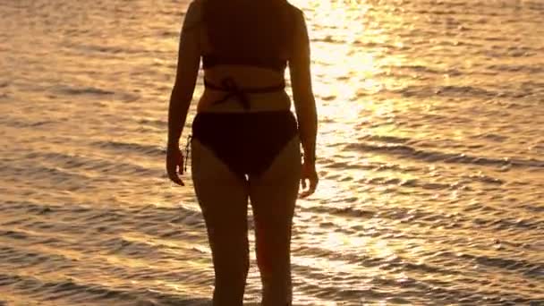 Silhueta tiro de uma bela mulher no pôr do sol tiro contra a água do oceano dourado — Vídeo de Stock