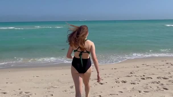 Περπάτημα σε μια παραλία με γαλαζοπράσινα νερά του ωκεανού - Miami Beach — Αρχείο Βίντεο