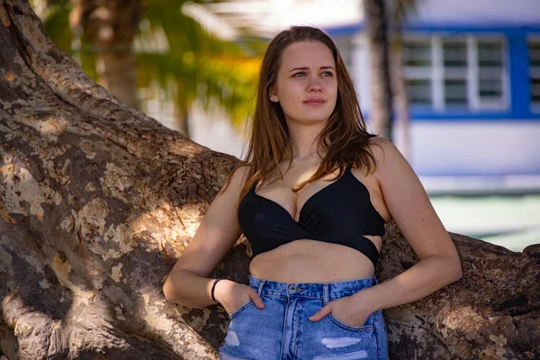 Mooi meisje leunend tegen een palm boom op Miami Beach South Beach — Stockfoto