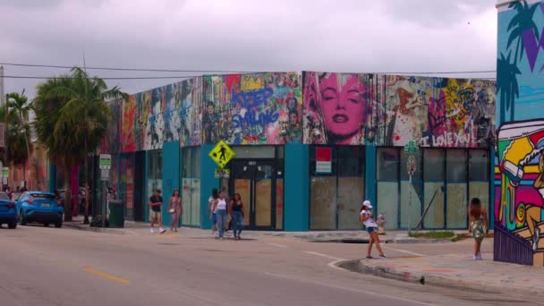 Colorful Wynwood district in Miami - MIAMI, FLORIDA - FEBRUARY 14, 2022 — Stock Video