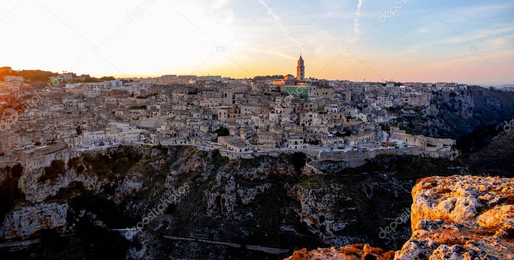 Panoramic view over the city of Matera Italy at sunset