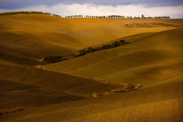 Typowy widok w Toskanii - kolorowe pola i wzgórza wiejskie — Zdjęcie stockowe
