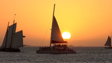 Günbatımında Key West sahilinde yelkenli sürüyor.