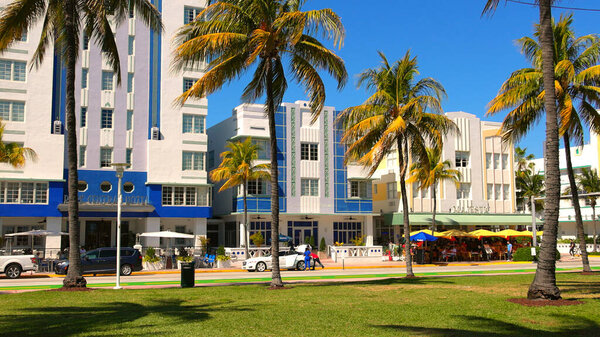 Miami Beach Ocean Drive on a sunny day - MIAMI, FLORIDA - FEBRUARY 14, 2022