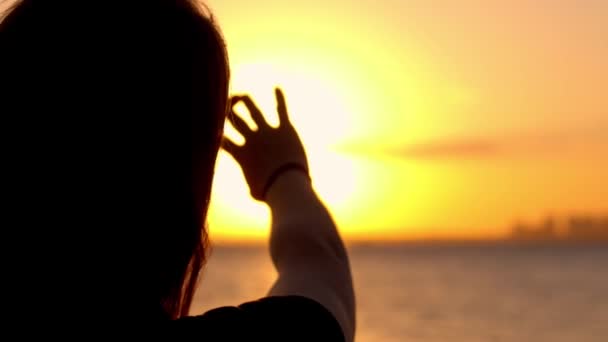 女性は日没時にマイアミのビーチでリラックス-美しいシルエットのショット — ストック動画