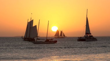 Günbatımında Key West sahilinde yelkenli sürüyor.
