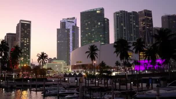 Skyline de Miami Downtown e Bayside distrito à noite - MIAMI, FLORIDA - FEVEREIRO 14, 2022 — Vídeo de Stock