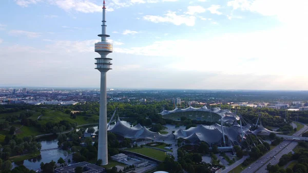 TV Tower at Olympic Park Munich - Aerial view - MUNICH, GERMANY - JUNE 03, 2021 — стокове фото