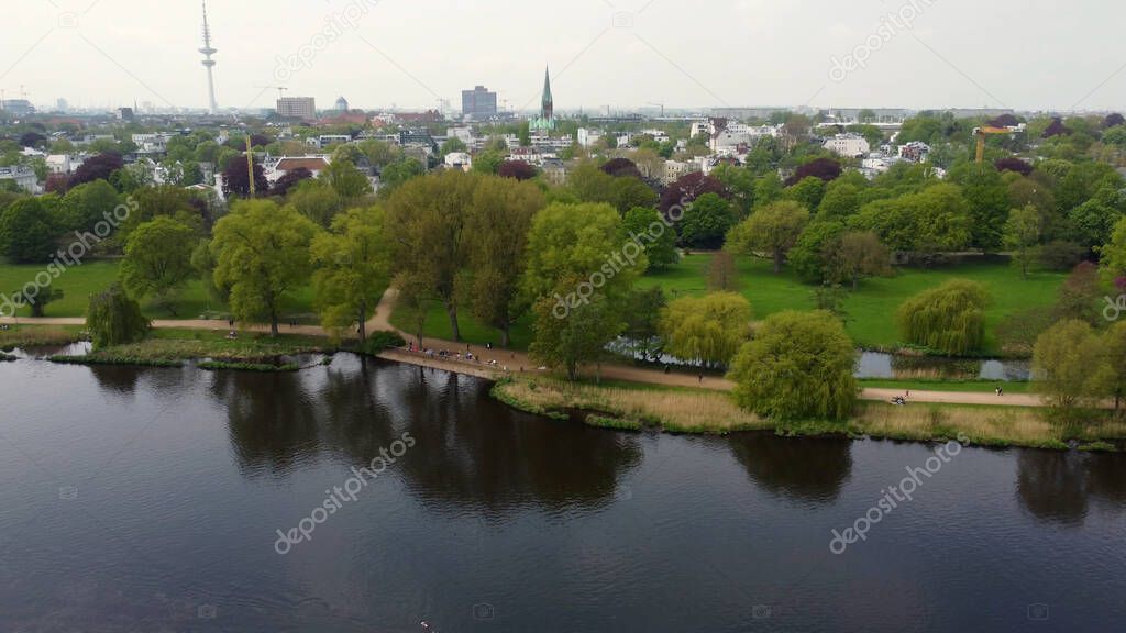 Alster Park at River Alster Lake in Hamburg from above