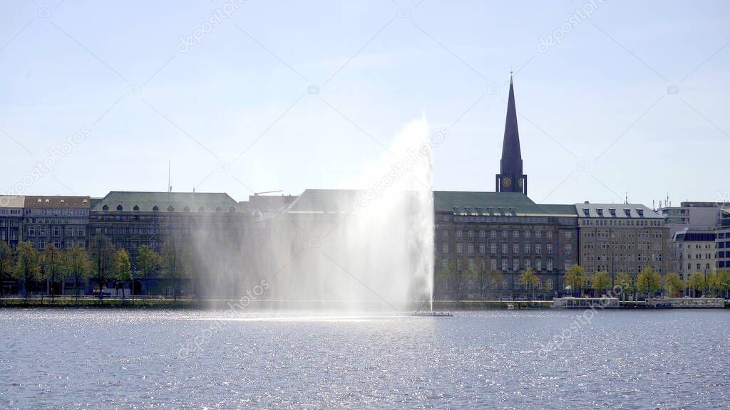 Famous fountain on Alster Lake in the city center of Hamburg