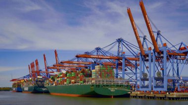 Hamburg limanında büyük yükleme vinçleri - HAMBURG Şehri, GERMANY - 10 Mayıs 2021