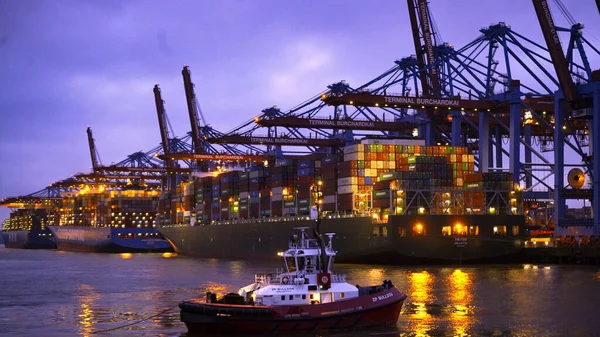 Enormes grúas de carga en el puerto de Hamburgo de noche - HAMBURG CITY, ALEMANIA - 10 DE MAYO DE 2021 — Foto de Stock