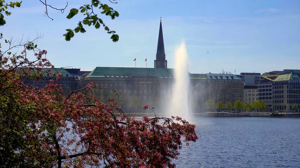 Famosa fontana sul lago Alster nel centro della città di Amburgo — Foto Stock