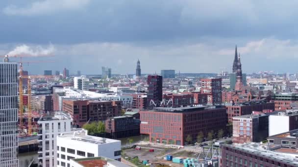 Aerial view over modern Harbour City district in Hamburg at the port — Stock Video