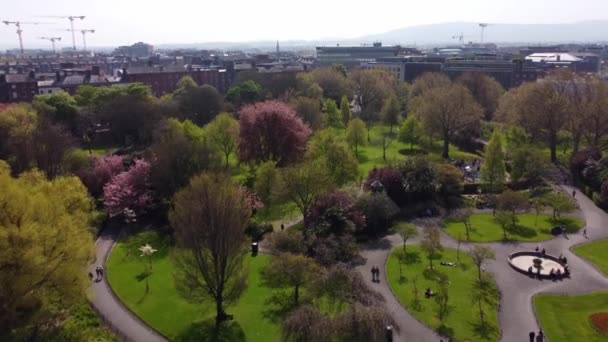 Famous St Stephens Green Park in Dublin from above - aerial view — Stockvideo