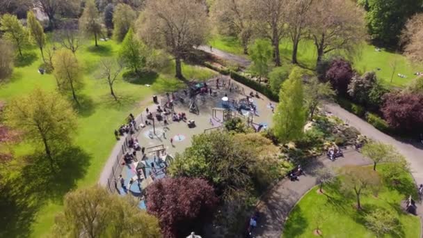 Famous St Stephens Green Park in Dublin from above - aerial view — Stock video