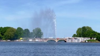 Famous fountain on Alster River in the city center of Hamburg